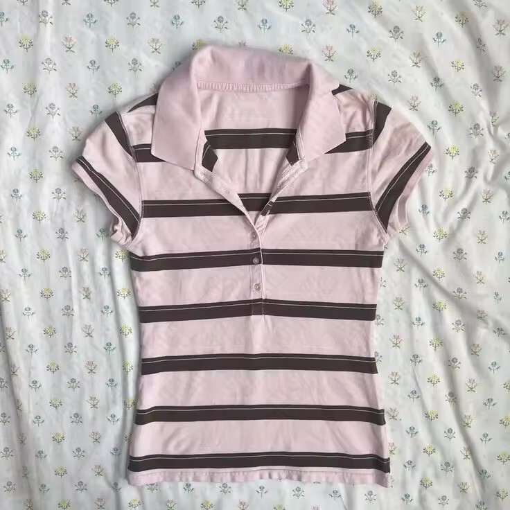 Summer New Korean Style Stripesd Polo Collar Lapel Color-Blocked Stripesd Right Shoulder Casual Lazy T-Shirt Women's Top