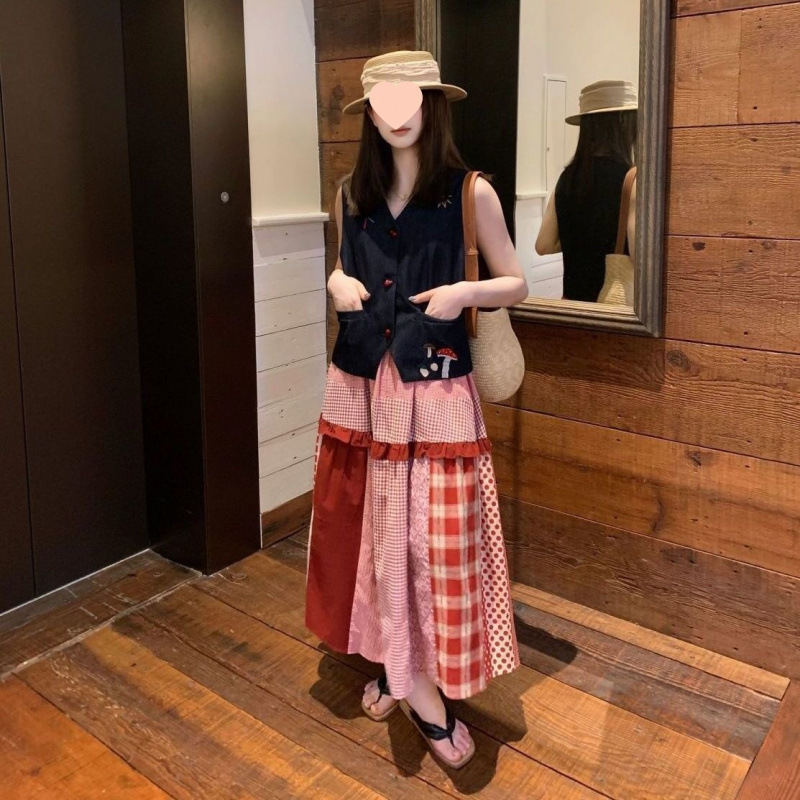 套装女夏季法式复古刺绣牛仔无袖背心马甲开衫格子拼接半身裙子潮|undefined