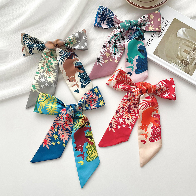 Nueva delgada estrecha larga bufanda de seda para las mujeres primavera y verano versátil animal selva impresión lazo pelo bolsa mango cinta