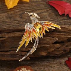 Fashionable exquisite alloy phoenix brooch with water-cut diamonds, hundred birds facing the phoenix, long-tailed phoenix pin, colorful painted oil painting Western-style accessories