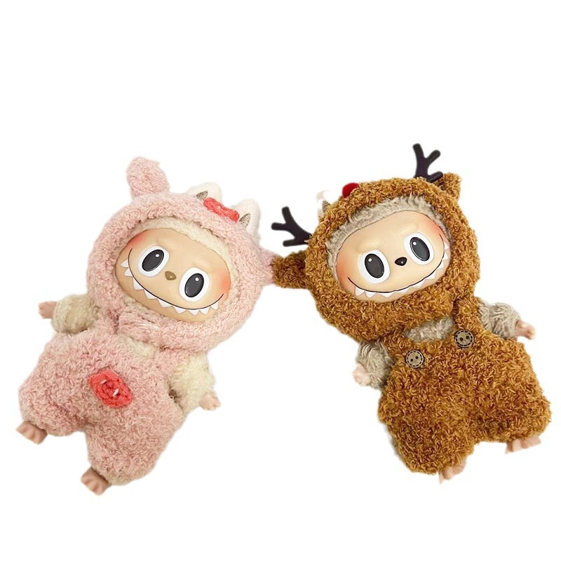 Caja ciega de 17cm, tela de tela, traje de mono de alce pequeño de terciopelo de nube, colgante de labubu, vestido de Navidad de cerdo