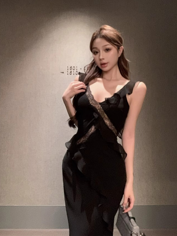 蕾丝拼接吊带连衣裙女夏季荷叶边鱼尾裙粉色收腰裙子纯欲包臀长裙|undefined