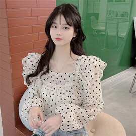 洋气韩国设计感小个子小众长袖荷叶边波点雪纺衬衫女新款小上衣