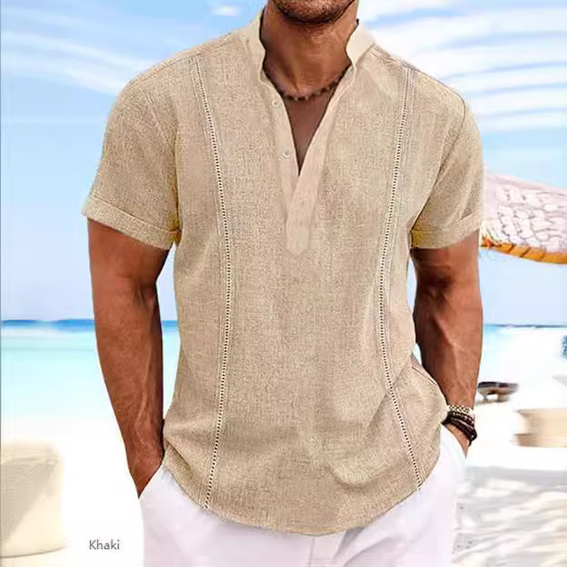 Monochrome Man - Cross-Border Summer New Short-Up Neck Cotton-Linen Color Solid Colour Patchwork Shirt Beach Casual Sports_voghion.com