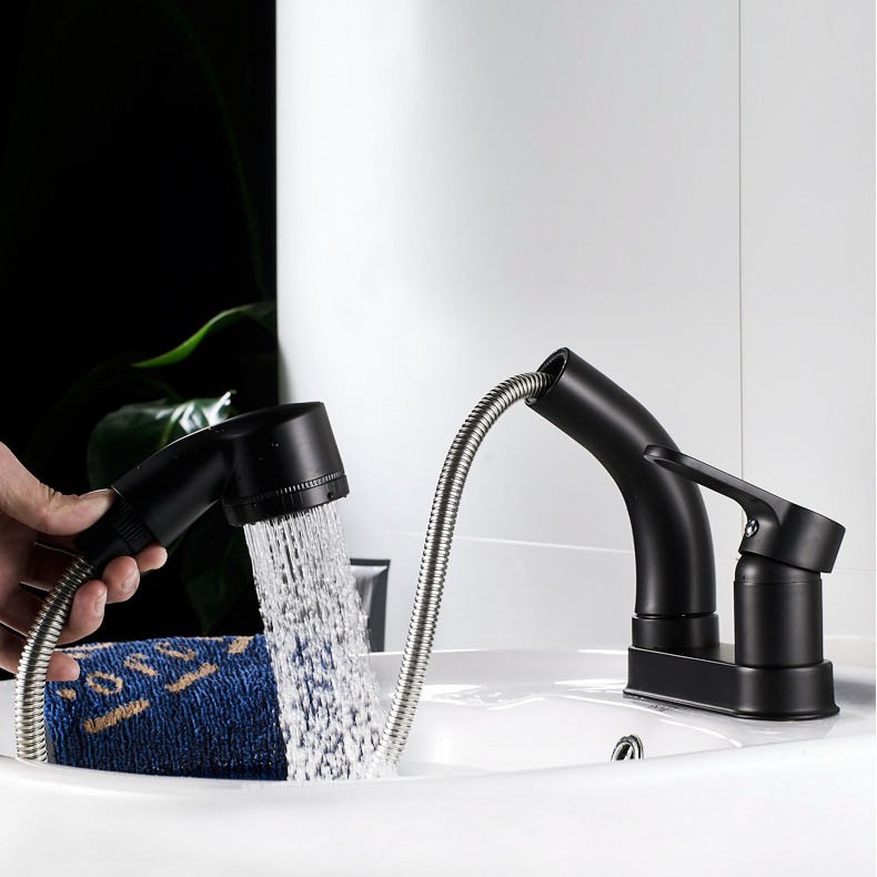 Todo el cobre doble agujero de extracción lavabo tipo grifo de agua caliente y fría de tres agujeros lavabo doméstico lavabo grifo telescópico