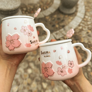 Japanese-style cherry blossom ceramic cup girl's high-looking mug with lid spoon home couple coffee cup office