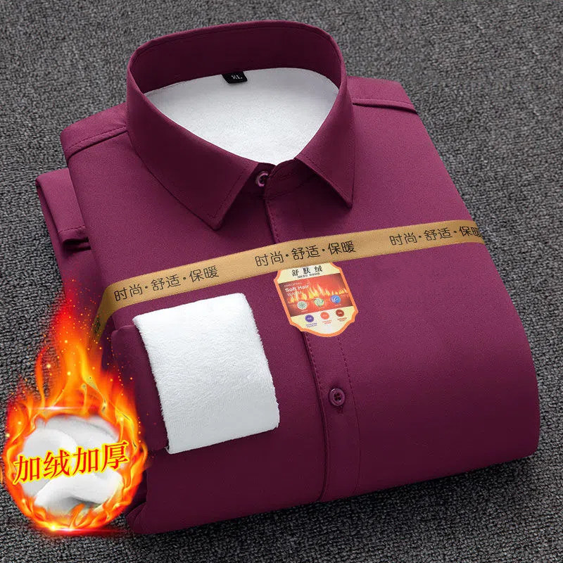 Camisas cálidas para hombre de color sólido, con forro polar grueso y cuidadosamente seleccionado, camisetas de manga larga para trabajo informal de negocios, camisas para otoño e invierno.