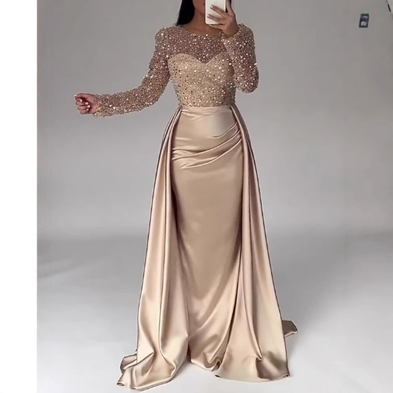 Cross-Border New Style French Satin Rose Gold Fishtail Light Luxury Elegant Temperament Annual Meeting Host Dress Sequined Long Dress