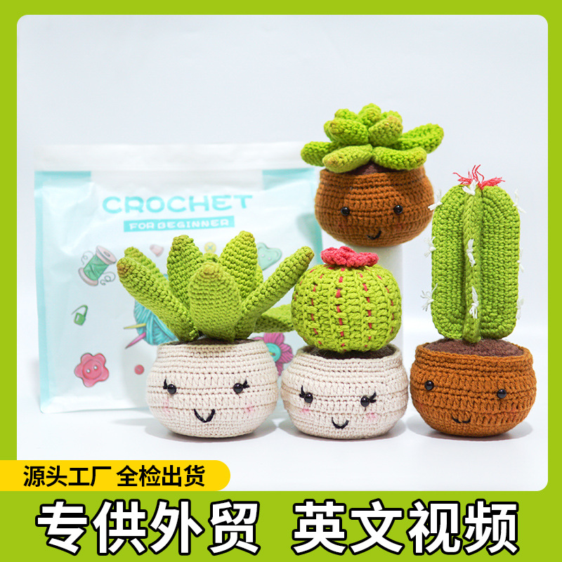 亚马逊热卖手工钩针材料包编织DIY毛线仙人掌摆件植物盆栽英文