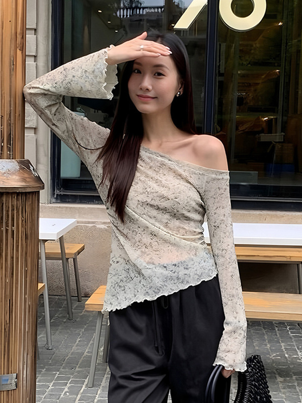 夏日绝美漂亮小上衣女2025新款漂亮绝美斜肩长袖t恤防晒罩衫薄款|undefined