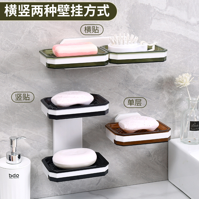 Soap box punch-free suction cup wall-mounted double-layer drain soap box household soap rack bathroom soap box storage rack