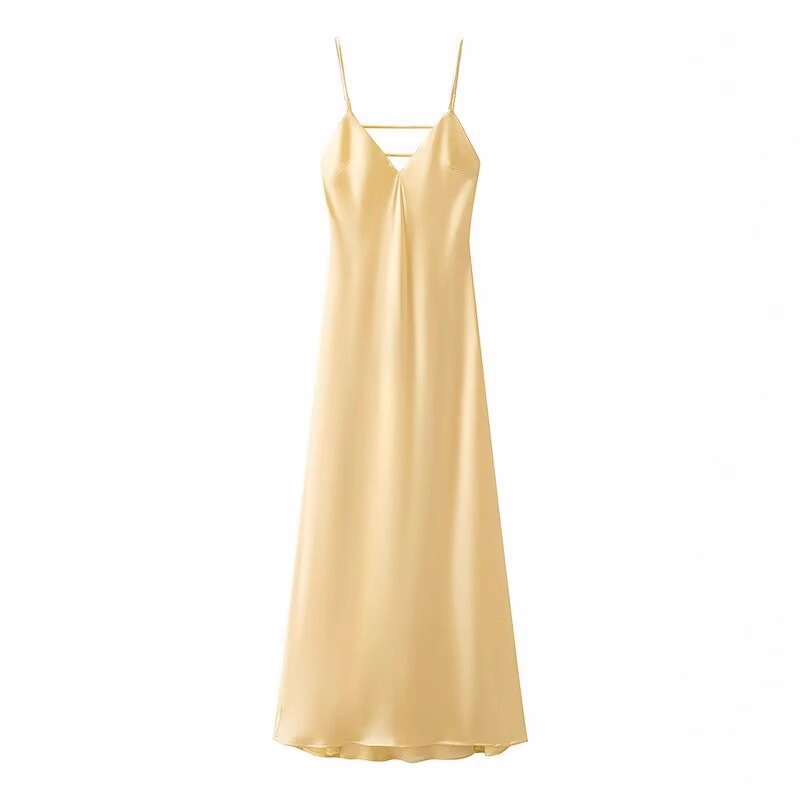 ZA Cross-border European and American-style New Spring Golden Holiday Party Dress Silk Satin Texture Midi Sling dress