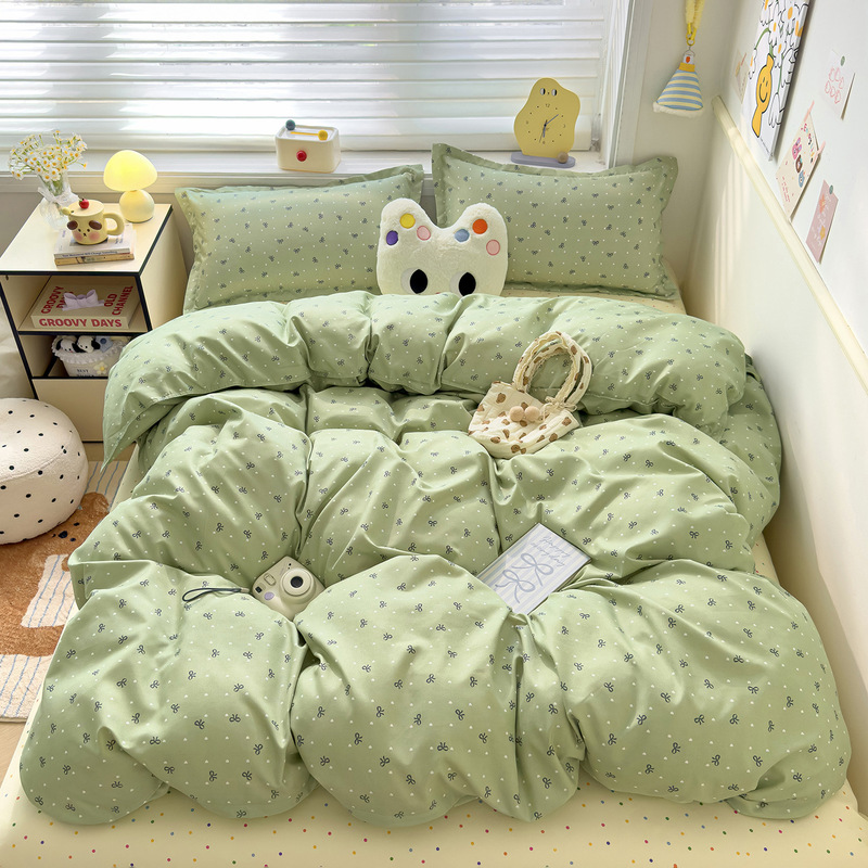 Category a Maternal and Infant Grade Small Fresh Thickeneded Brushed Four-Piece Quilt Cover Washed Cotton Bed Sheetss Dormitory Three-Piece Set Wholesale Ins