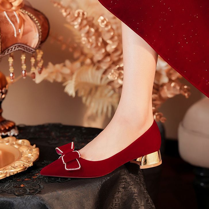 3333H-058 Low Heel Pointed Toe Suede Bow Festive Wedding Party Shoes Comfortable Red High Heels_voghion.com