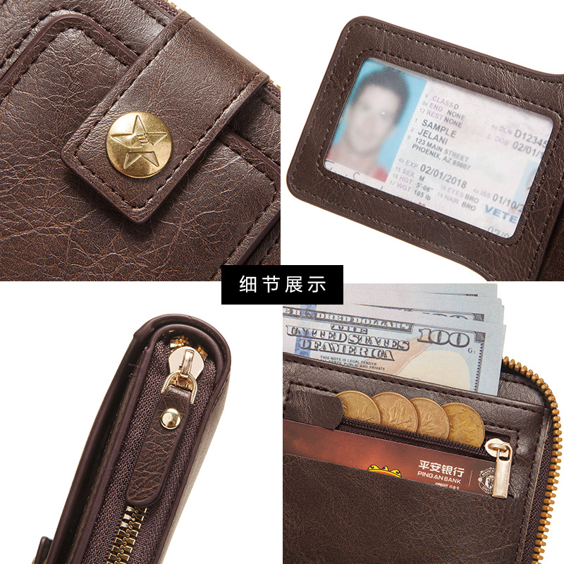 Estilo retro europeo y americano nuevos hombres billetera corta cremallera hebilla de gran capacidad Multi-Tarjeta billetera con cremallera para hombres