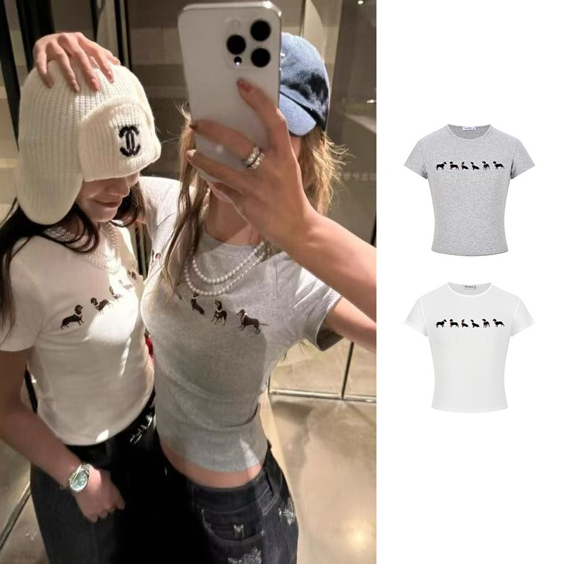 Craftsman One Cross-Border Necklace Dog Print Slim-Fit Short Sleeve 2025 Summer New Korean Trendy Slimming Top