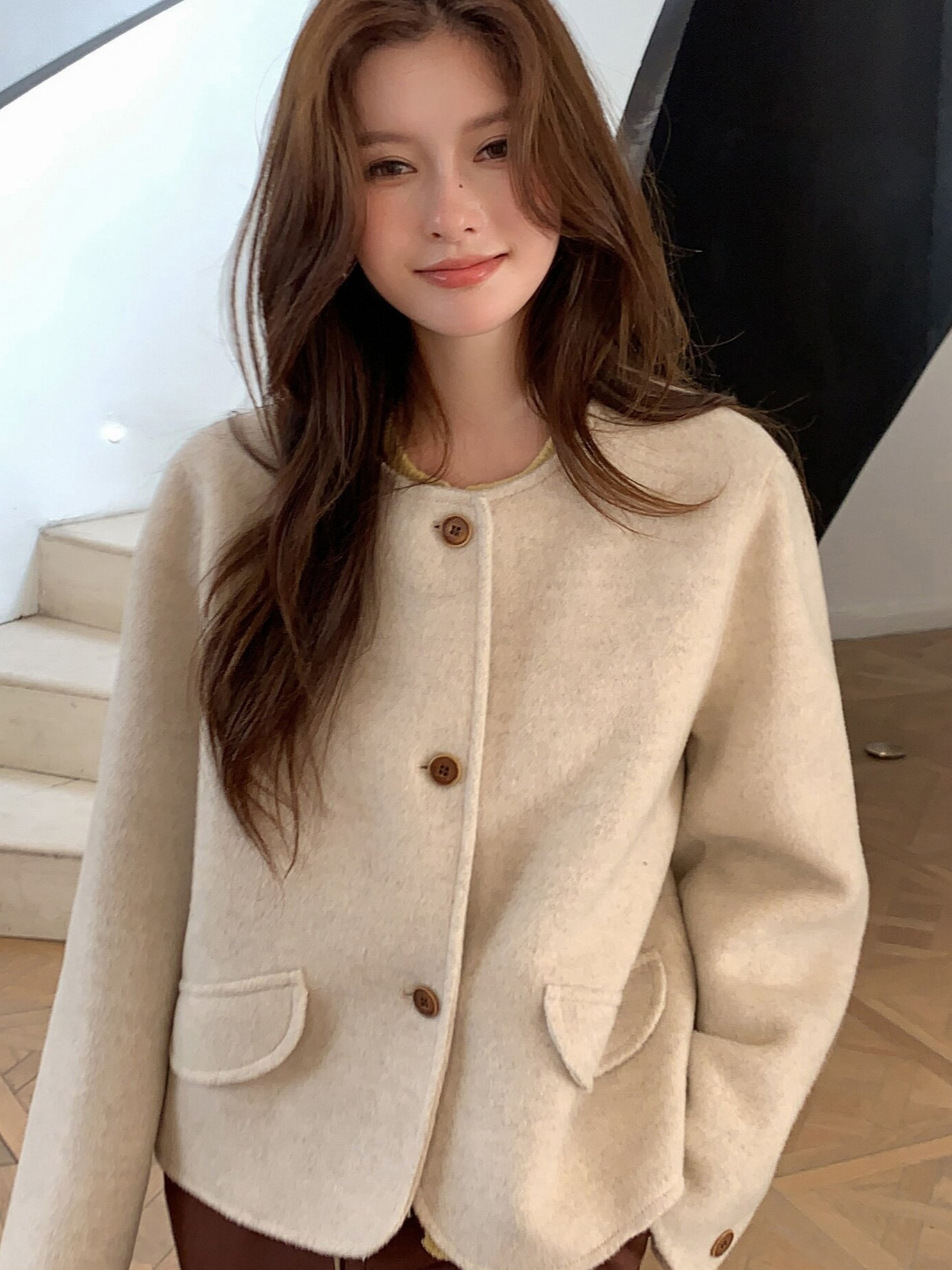 2025 New Autumn and Winter Fragrant Double-Sided Woolen Coat Short Loose Small Wool Round Neck Single-Breasted Coat