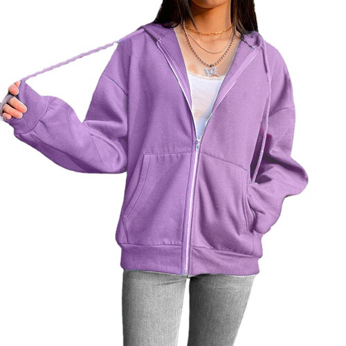 Pure Color Hooded Fleece European and American Style Long-Sleeved Outerwear Women's Street Loose Zip-Up Top