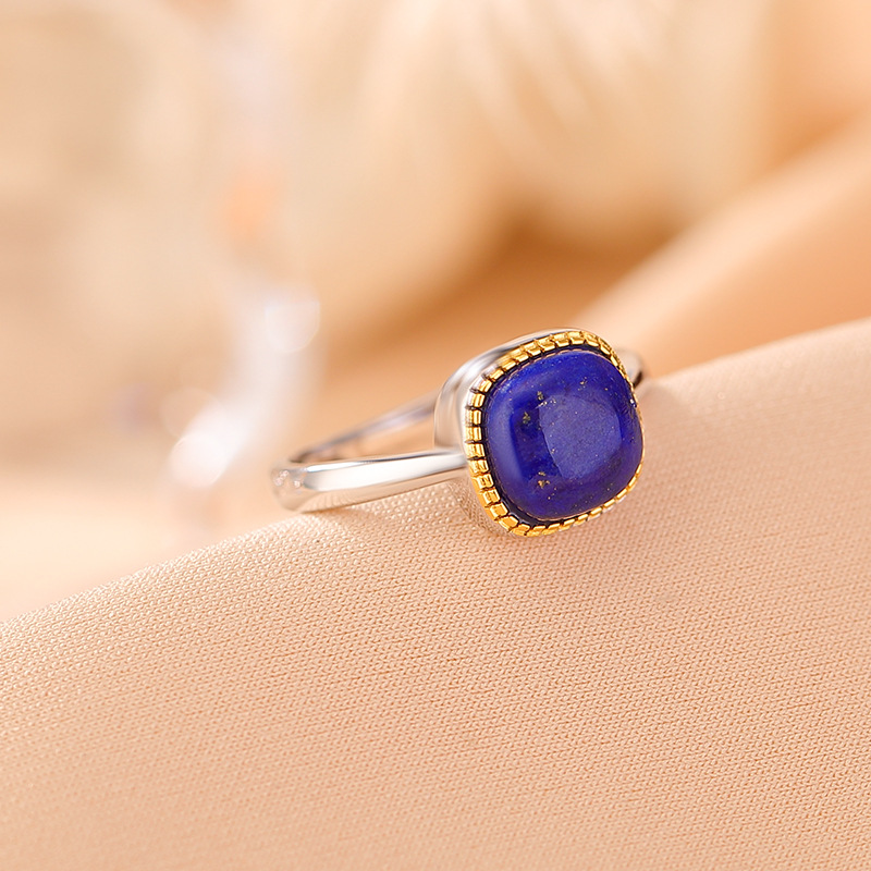 Nhẫn bạc S925 mạ vàng đá lapis xanh vuông phong cách sang trọng — Mở một size
