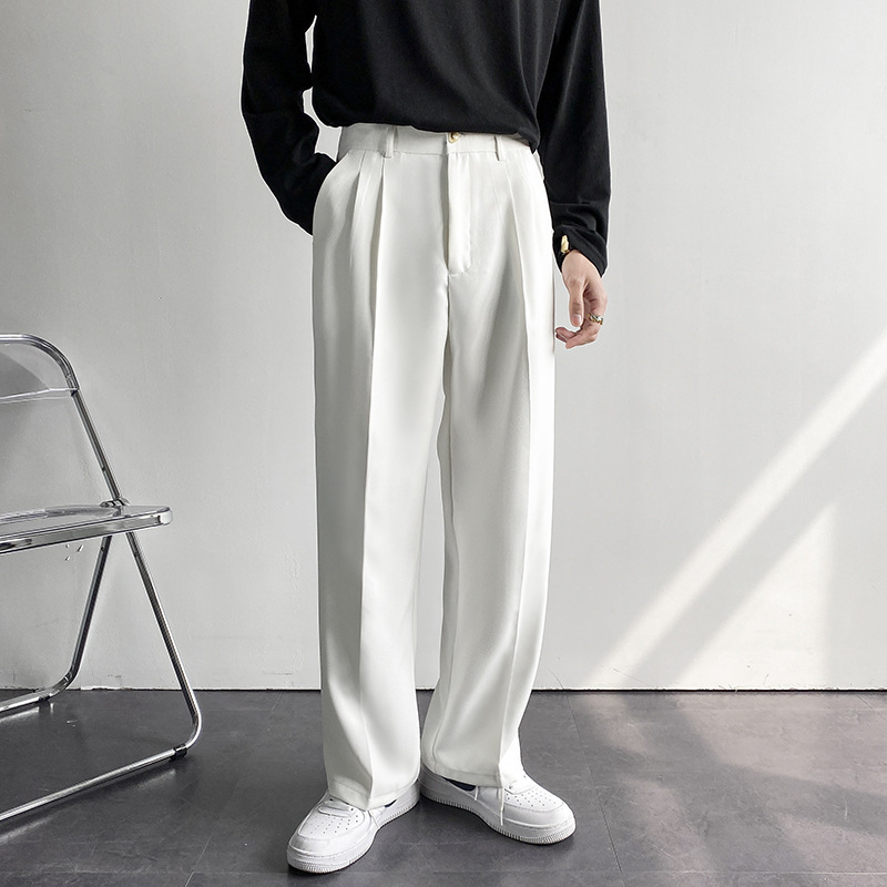 Primavera y otoño Corea del Sur celebridad de Internet drapeado pantalones de traje recto hombres sueltos coreano casual blanco Pantalones anchos pantalones de fregona