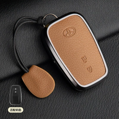 Car key bag, Key Covers, High-End 19-23 - 1-golden-brown-asian-dragon-b-style-2-button-hand-rope-french-goat-leather