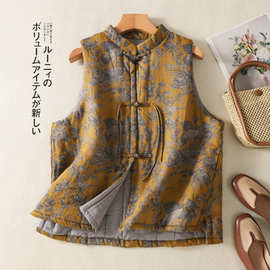 秋冬中国风禅意印花马甲女中式复古立领盘扣加厚保暖棉麻背心坎肩