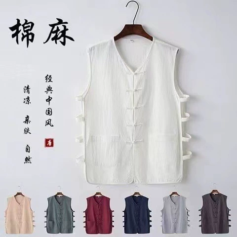 AliExpress Мужская новая манера из хлопка и льна в китайском стиле ретро с пряжкой плюс размер мужская футболка без рукавов повседневный топ мужской