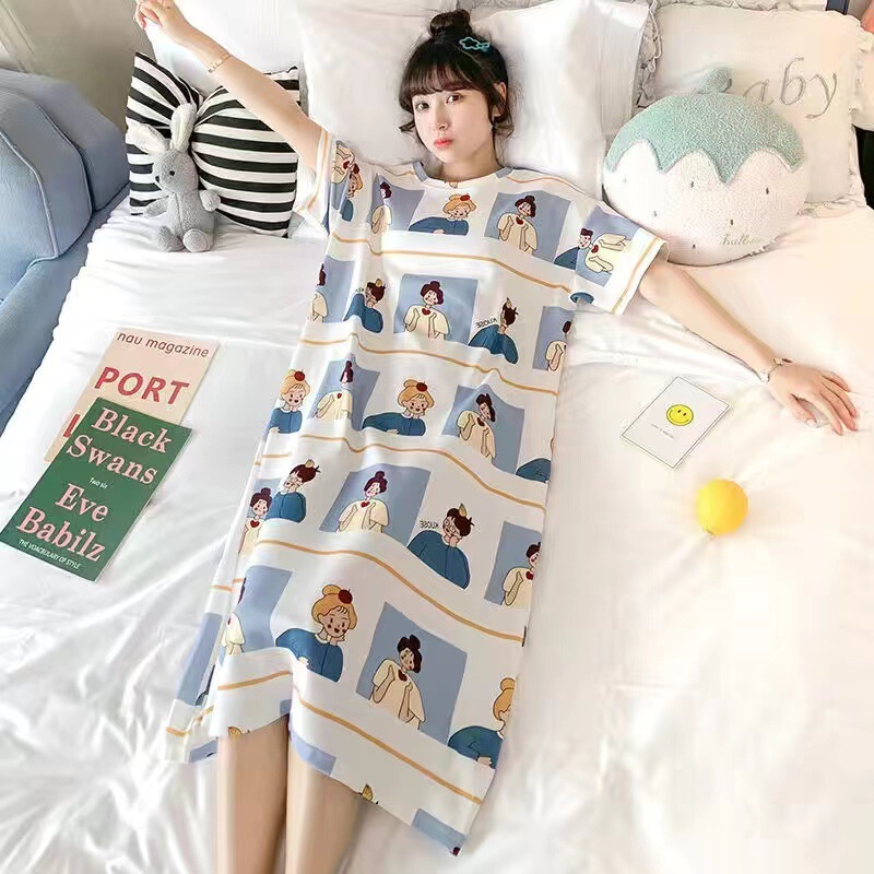Nightdress Women's Summer Short Sleeve 2024 New Korean Style Sexy Pajamas Spring and Summer Loose Pregnant Women's Outer Wear Home Clothes