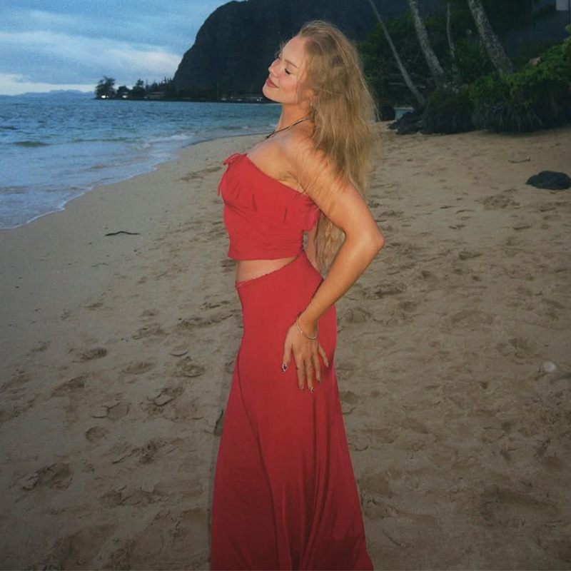 Summer New Elegant Wooden Ear Tube Top Package Hip Long Skirt Two-piece Set