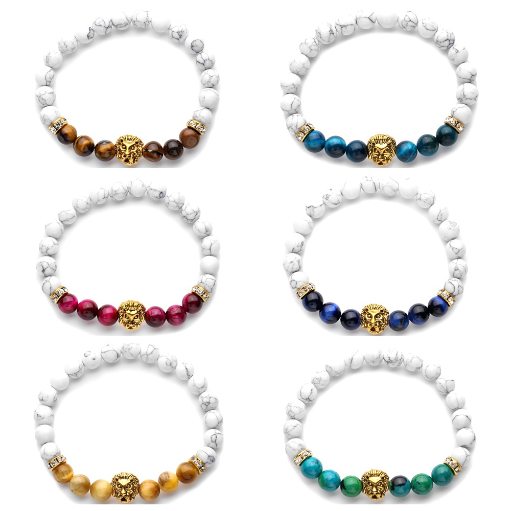 Pulsera de cuentas de piedra esmerilada de pino blanco transfronterizo europeo y americano colorido Ojo de tigre piedra cabeza de león pulsera de cuentas hombres y mujeres joyas
