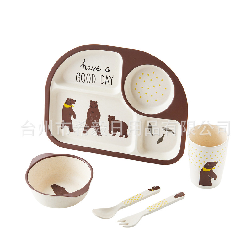 Children baby tableware set 5 pieces baby cartoon kindergarten feeding supplies wholesale bamboo fiber dishes