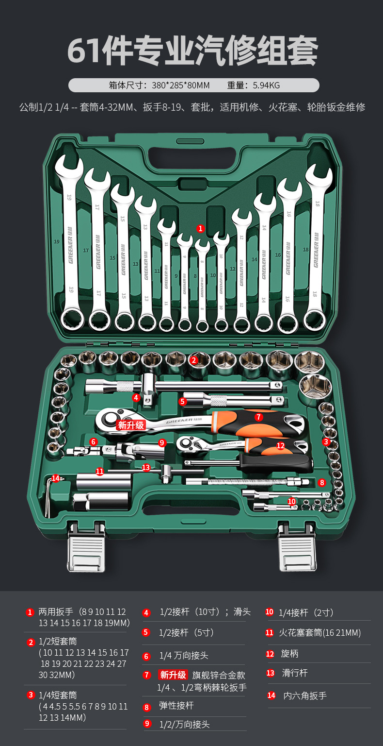 Suitable for Green Forest Auto Repair Tool Set Ratchet Quick Socket Wrench Sleeve Car Repair Motorcycle Maintenance