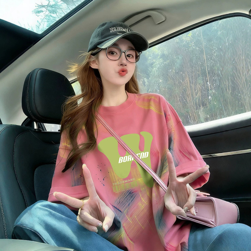 Pure Cotton Dopamine Color Tie-Dye Loose T-Shirt for Women, Lazy Style, Stylish Letter Print, Mid-Length, Versatile, Slimming Top Pure Cotton Dopamine Color Tie-Dye Loose T-Shirt for Women, Lazy Style, Stylish Letter Print, Mid-Length, Versatile, Slimming Top