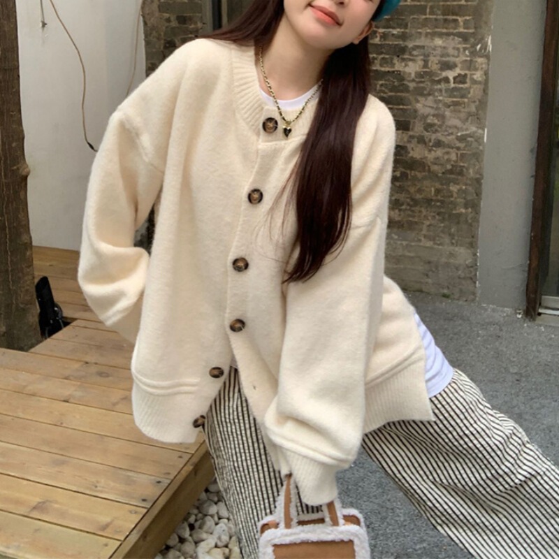 Japanese Style Lazy Style Pure Color V Neck Long-Sleeved Sweater Jacket for Women Spring and Autum Soft Waxy Thick Knitted Cardigan Loose and Thickeneded Japanese Style Lazy Style Pure Color V Neck Long-Sleeved Sweater Jacket for Women Spring and Autum Soft Waxy Thick Knitted Cardigan Loose and Thickeneded