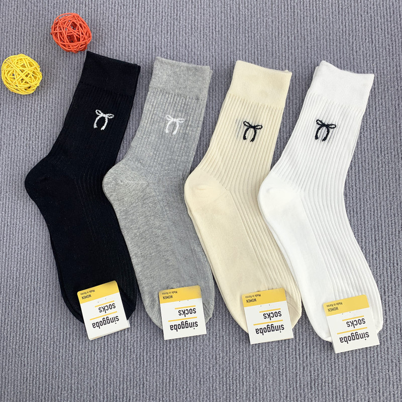 SGWC0024 South Korea Dongdaemun Spring New Thin Mesh Embossed Bow Breathable Lightweight Mid-tube Socks