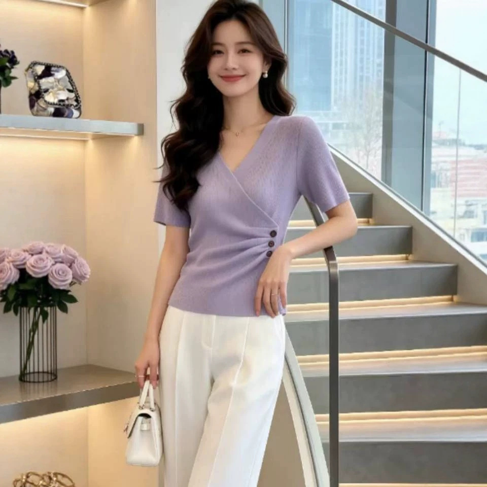 Áo thun nữ cổ chữ V phối chéo, tay ngắn, dáng suông, chất liệu len mỏng mùa hè — màu tím chi tiết 1