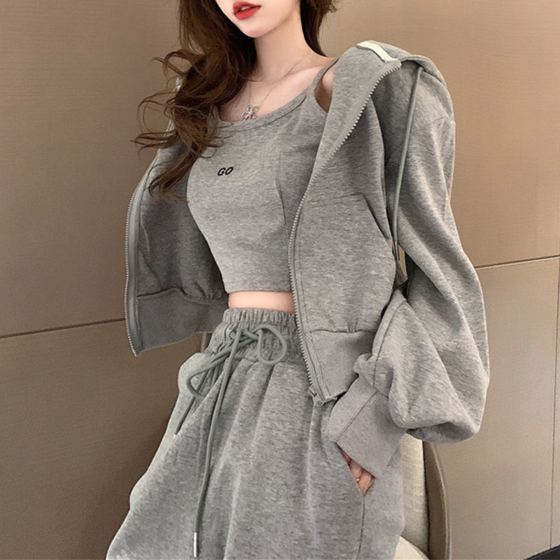 早秋休闲运动服套装女春夏2025时尚减龄炸街健身束脚裤卫衣三件套|undefined