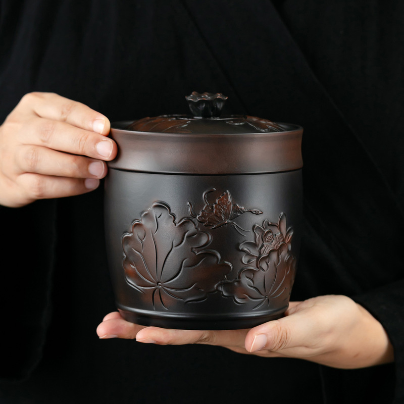 紫陶茶叶罐密封罐陶瓷紫砂大中号荷花醒茶罐普洱储存罐防潮家用|undefined