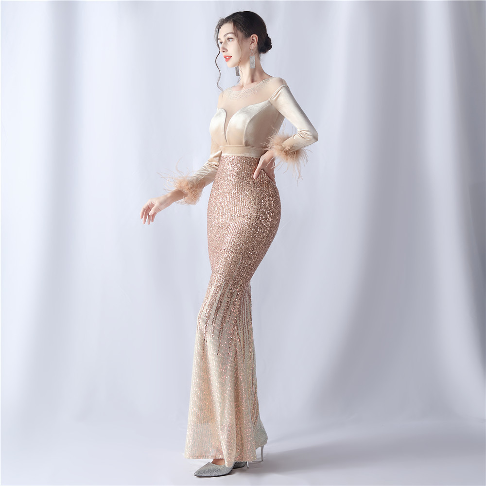 Women's gradient beaded diamond velvet high-end evening dress_voghion.com
