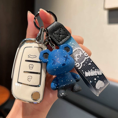 Car key bag | high-grade buckle shell - geely-c-folding-3-keys-single-shell-white-blue-violent-bear-pendant