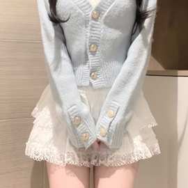 秋冬季新款韩版气质温柔风V领针织开衫毛衣女高腰显瘦a字半身裙潮