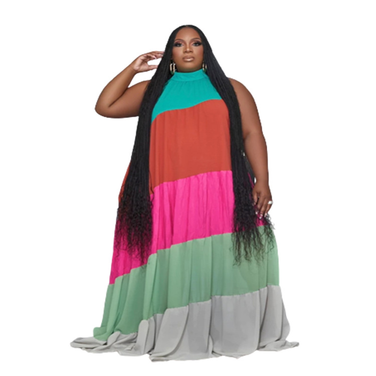 Women's plus-size splicing color contrast long swing dress_voghion.com