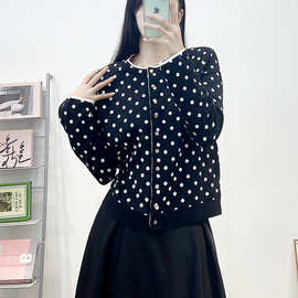 跨境女装法式小众撞色黑白波点圆领单排扣针织开衫长袖短外套上衣