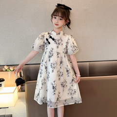 Girls' Summer 2023 New Children's Ink and Wash Flower Cheongsam Dress with High Collar and Bubble Sleeve