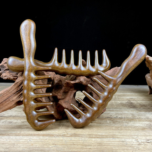 Golden Silk Sandalwood Thick Handle Acupressure Massage Carved Wooden Comb for Long Curly Hair, Scalp Acupoints Sandalwood Comb