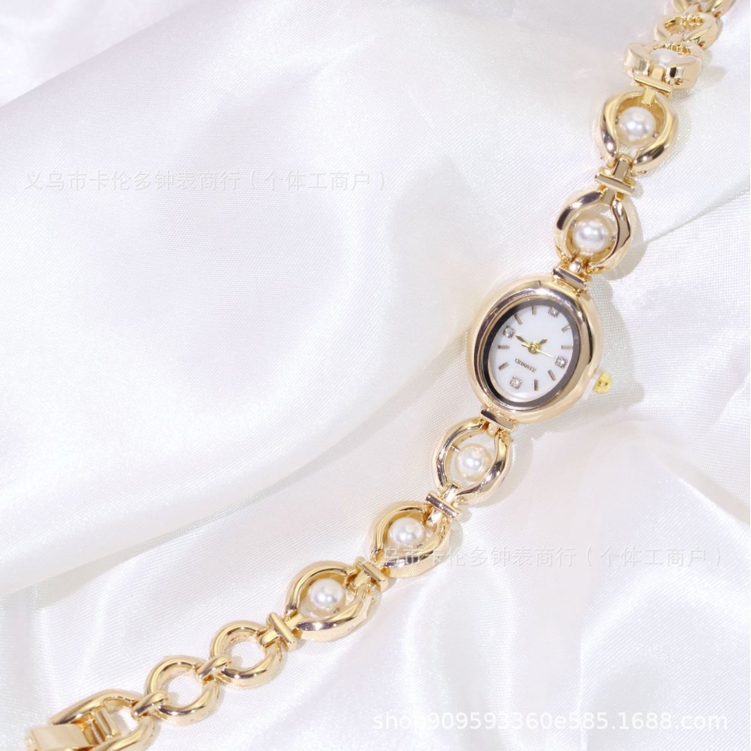 Cross-Border New Bracelet Watch for Women, Oval Steel Band, Second-Hand Light Luxury Imitation Pearl Watch, Temperament Manufacturer Direct Sales