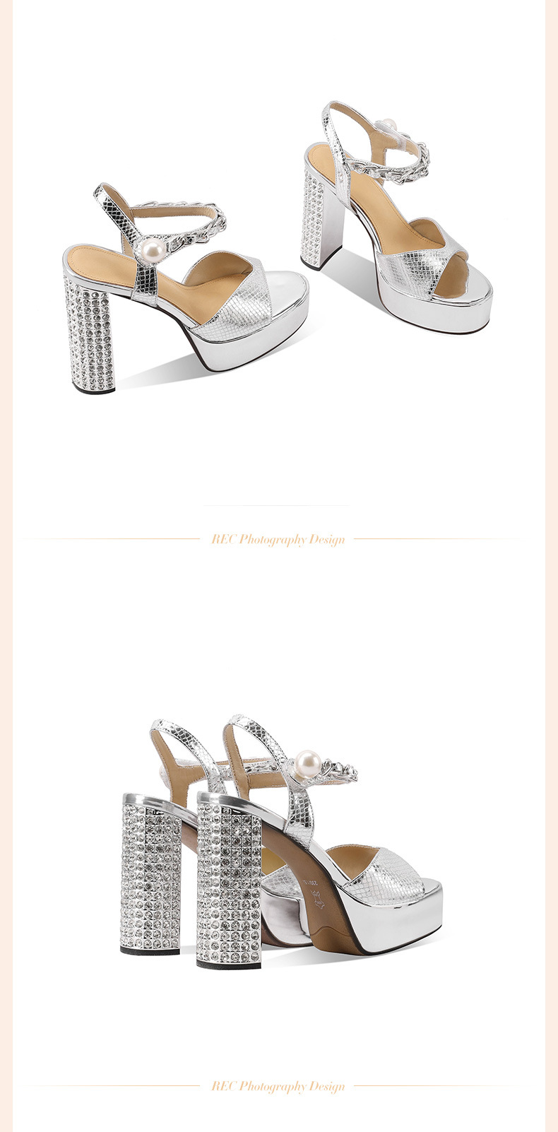 Sandal cao gót nữ hở mũi đính đá, gót thô 12 cm, đế platform 4 cm, quai ngang khóa, da thật phong cách Âu Mỹ — đen chi tiết 7