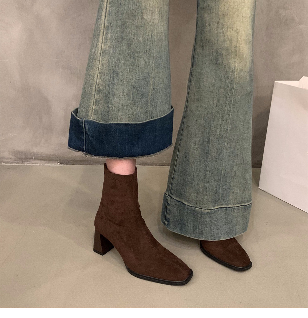 Suede Ankle Boots For Women Square Toe Slim Korean Style Footwear_voghion.com