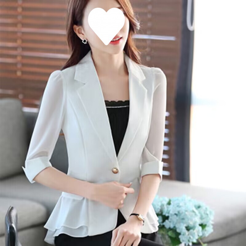 Spring, autumn and summer new small suit jacket short slim fit one button 3/4 sleeve ruffled chiffon women's thin suit