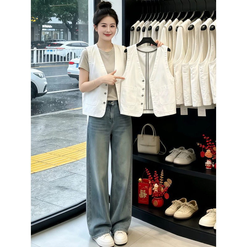 White V-Neck Sleeveless Vest for Women, Short Versatile Casual Jacket